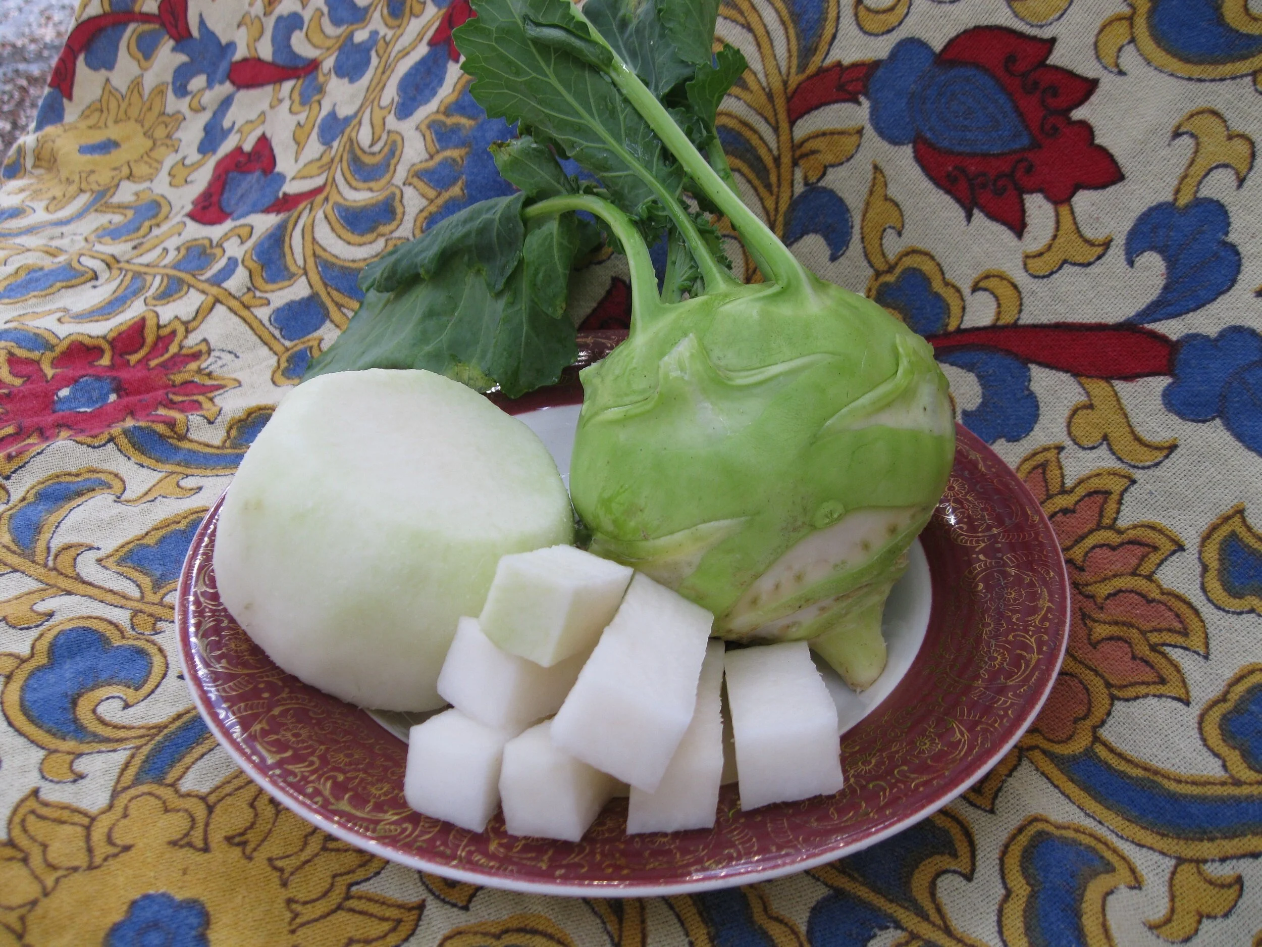 Fresh, peeled, and sliced Kohlrabi ready for a recipe. Photo by Barb Henny